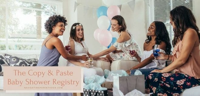 women enjoying drinks and laughing at a baby shower with "The Copy & Paste Baby Registry" title over top the image.