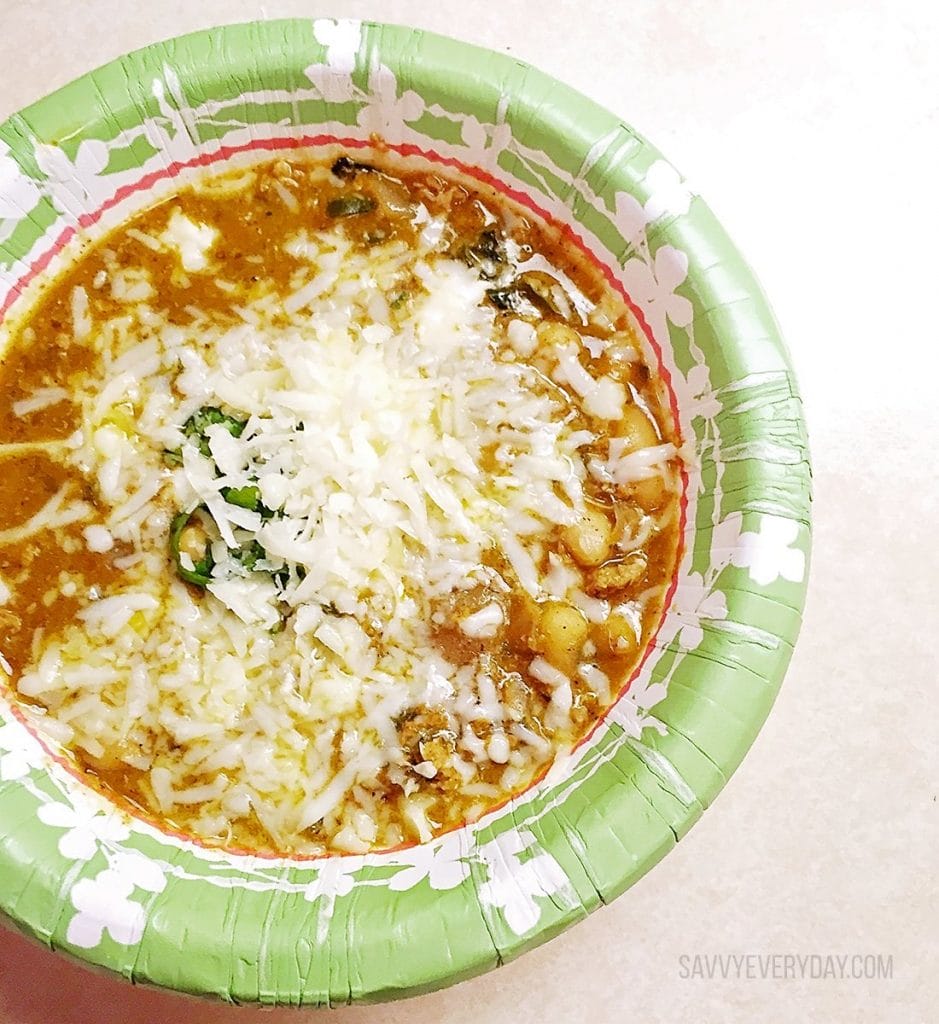 White Turkey Chili with Aged Cheddar Cheese & Blue Corn Tortilla Strips