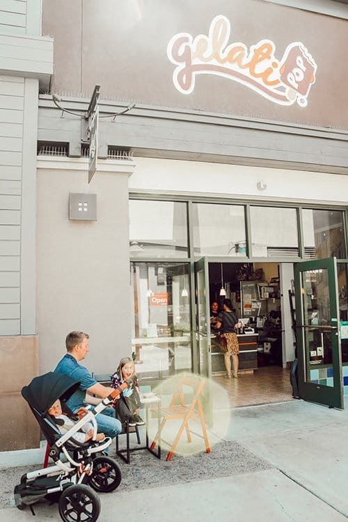 sitting outside gelati pop in Alameda