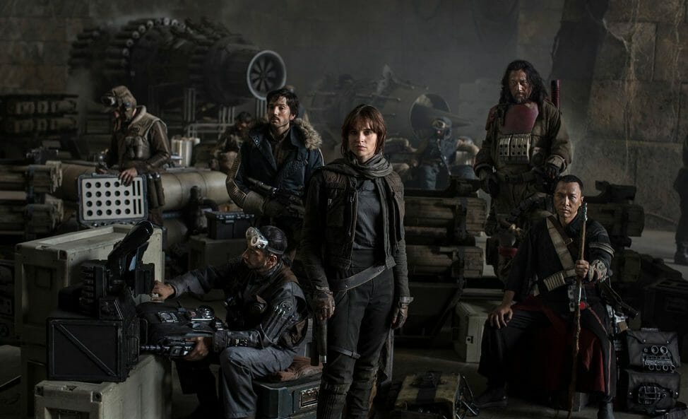 Star Wars: Rogue One Actors (L-R): Riz Ahmed, Diego Luna, Felicity Jones, Jiang Wen and Donnie Yen. Photo Credit: Jonathan Olley/Lucasfilm 2016