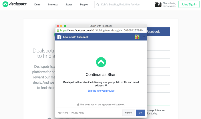Dealspotr sign up screenshot